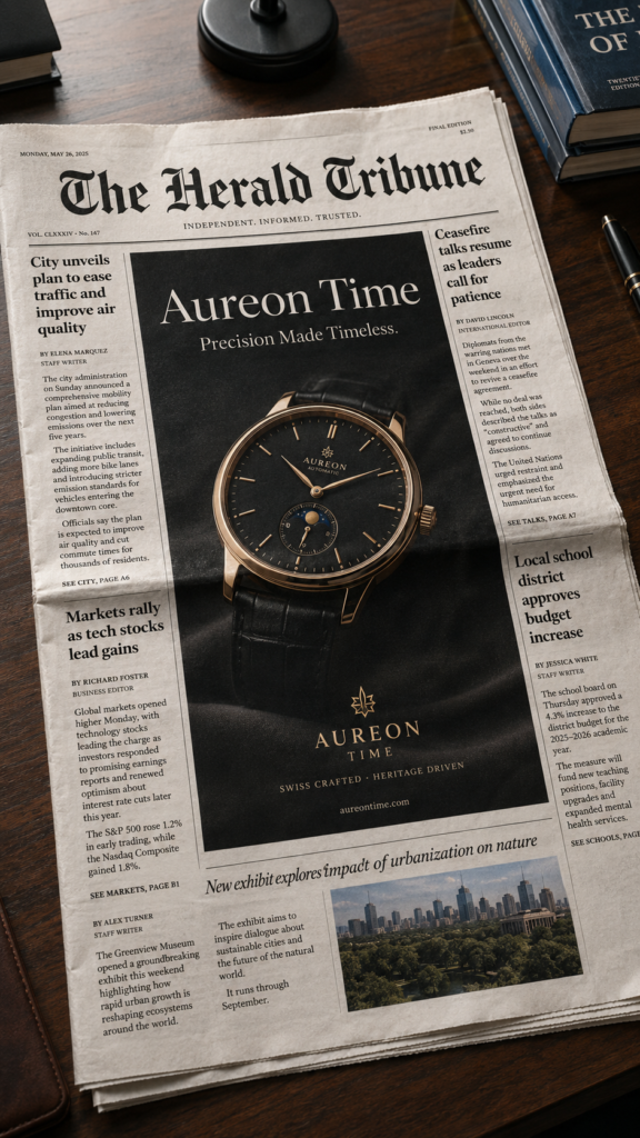 AI-generated newspaper front page for "The Herald Tribune" featuring a watch advertisement