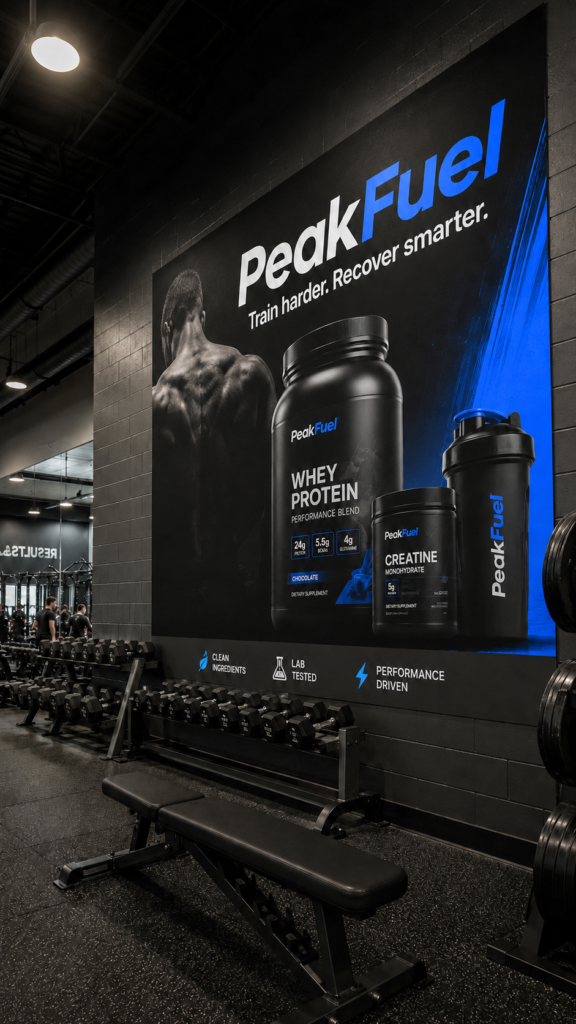 AI-generated gym advertisement for "PeakFuel" protein and recovery products