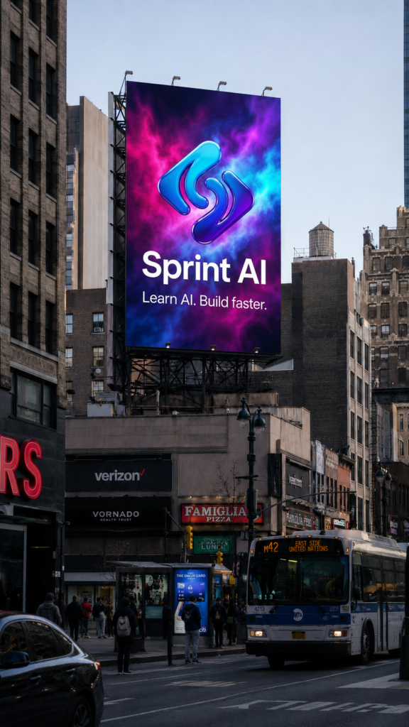 AI-generated street billboard reading "Sprint AI, Learn AI. Build faster