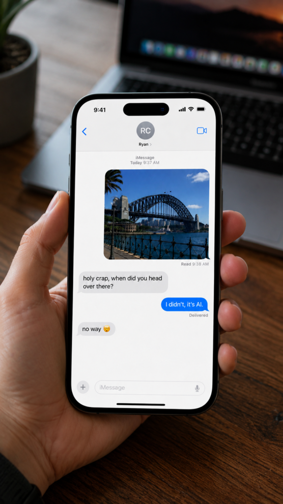 AI-generated text message conversation showing a photo, demonstrating realistic AI-generated dialogue