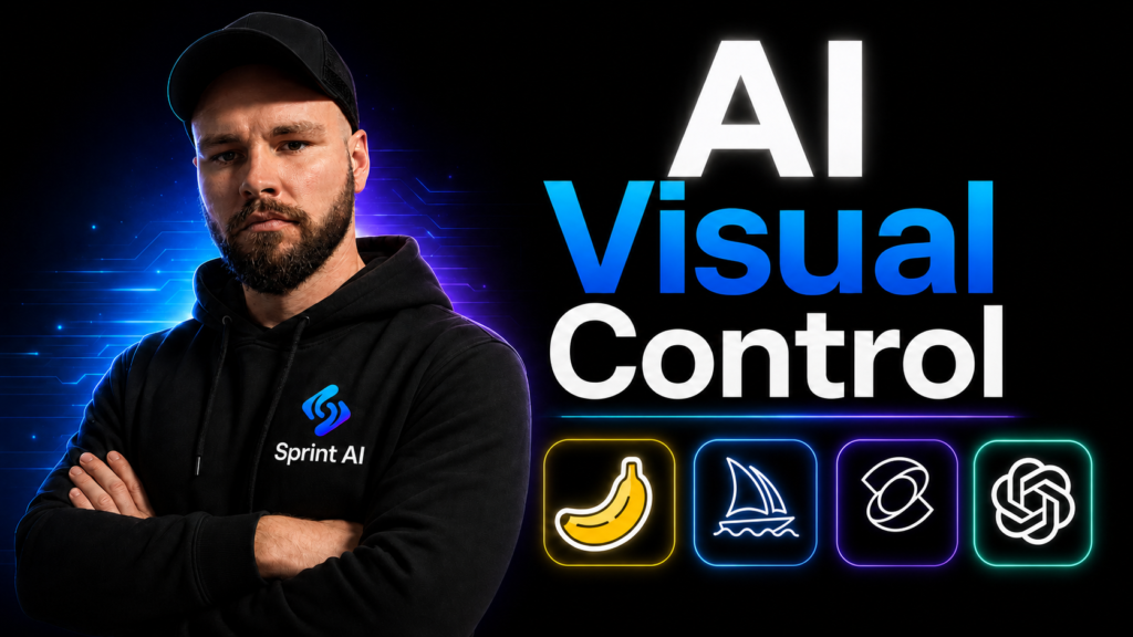 AI Visual Control course by Sprint AI, featuring icons for the AI tools covered in the course