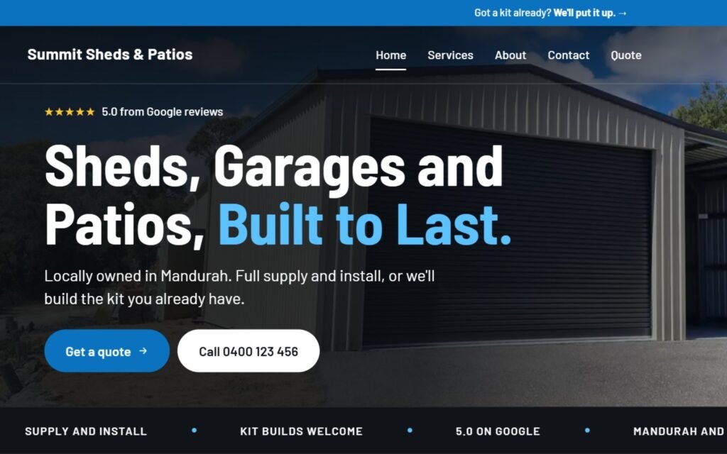 Website hero with get a quote and call buttons
